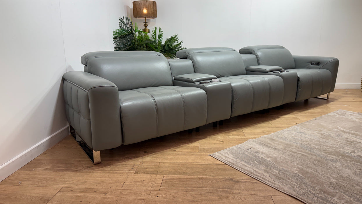 Sofology Marvella Leather 3 Seater Cinema Console Power Recliner/Headrest x 2 in Trusty Sheen Granite Teal