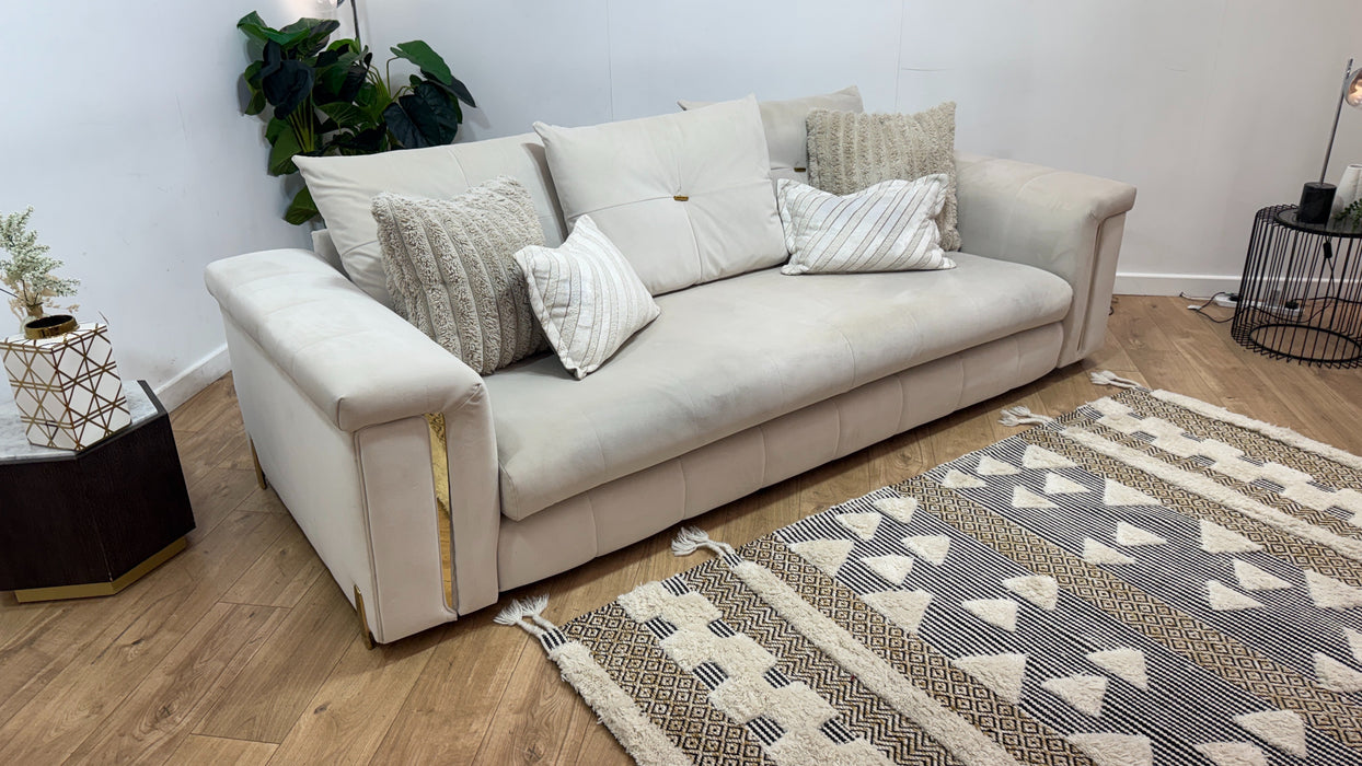 Sofology Oscar Fabric 4 Seater Gold Trim in Super Matt Velvet Ecru Mix