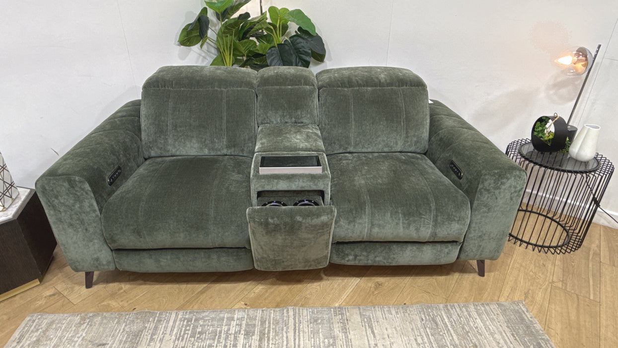 Sofology Alllure Fabric 2 Seater Screen Console Power Recliner/Headrest Heated Seats Lumbar Support Speakers in Relaxed Chenille Pine
