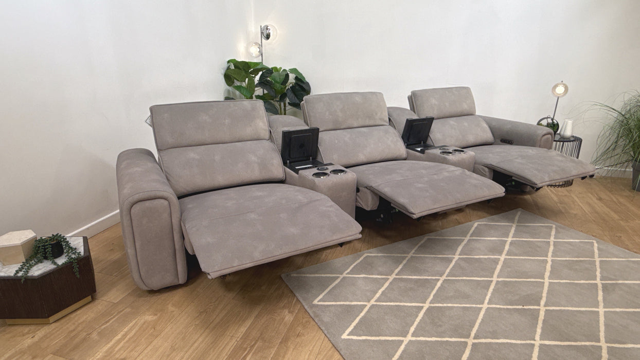 Sofology Premiere Fabric 3 Seater Cinema Sofa Consoles Power Recliner/Headrest x 3 in Lifestyle Flecked Stone