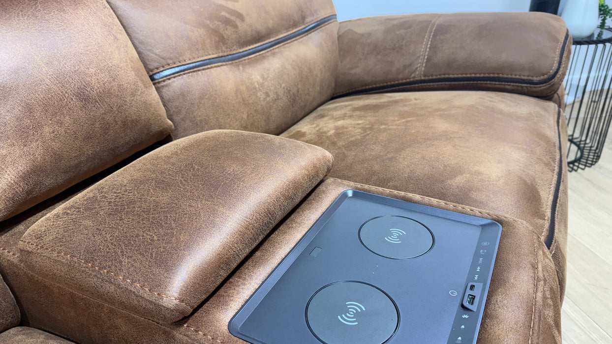 DFS The View 2 Seater Fabric Power Recliner Plus Console in Chestnut