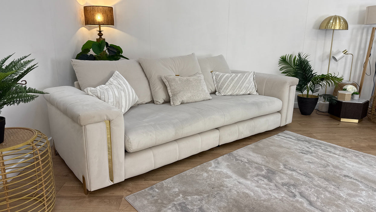 Sofology The Oscar Fabric 4 Seater Split Gold Trim in Super Matt Velvet Ecru Mix
