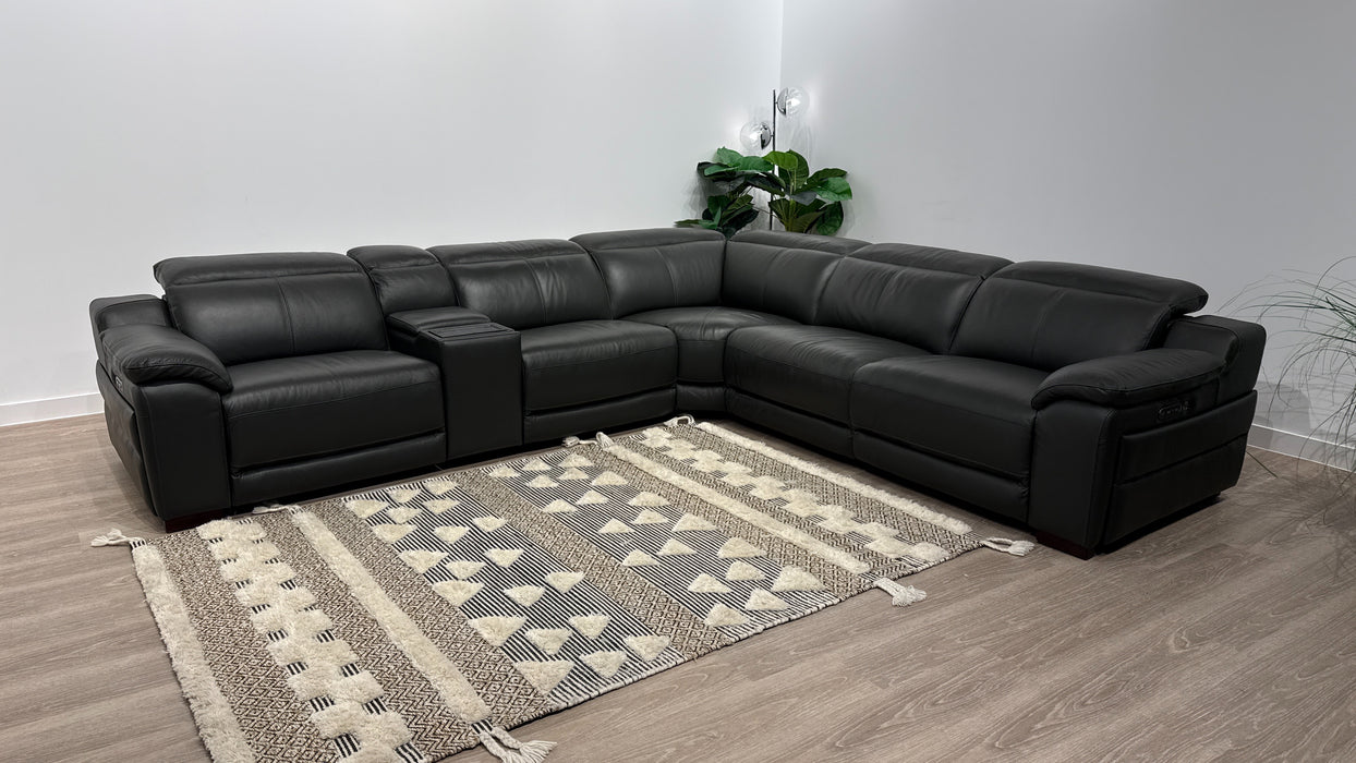 Sofology Portland Leather 3 Console Corner 3 Power Recliner/Headrest Heated Seats in Trusty Embossed Charcoal