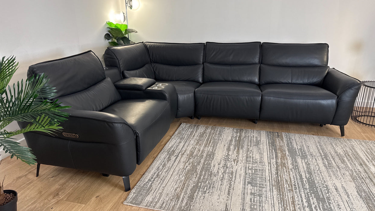 Sofology The Priestley 1.5 Console Corner 3 Recliner in Trusty Sheen Leather Jet Black