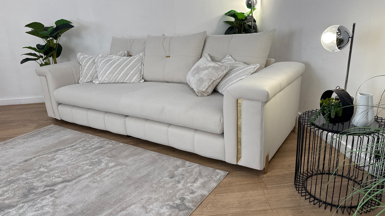 Sofology The Oscar Fabric 4 Seater Split Gold Trim in Super Matt Velvet Ecru Mix