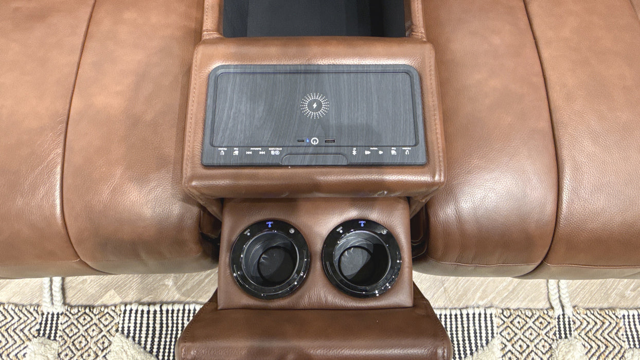 Sofology Paramount Leather 2.5 Seater Console Power Recliner/Headrest Speakers Heated Seats in Trusty Embossed Chestnut
