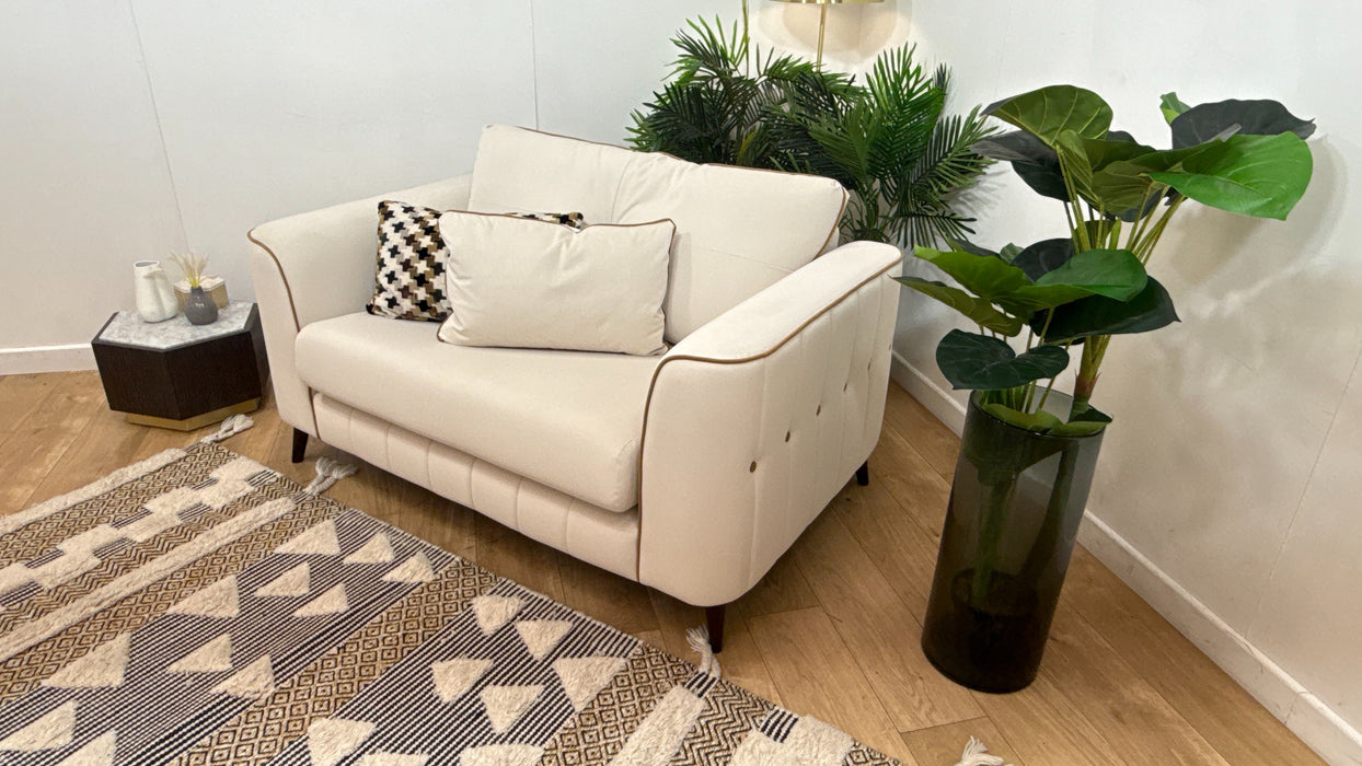 Sofology Remy Fabric Loveseat in Super Matt Velvet Ecru Mix With Caramel Contrast Piping