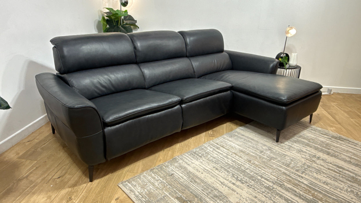 Sofology Viento Leather 3 Seater Chaise Power Recliner/Headrest Lumbar Heated Seat in Trusty Embossed Navy