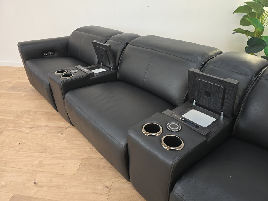 Premiere 3 Seater Cinema Sofa - Leather Power Recliner & Headrest - Jet Black