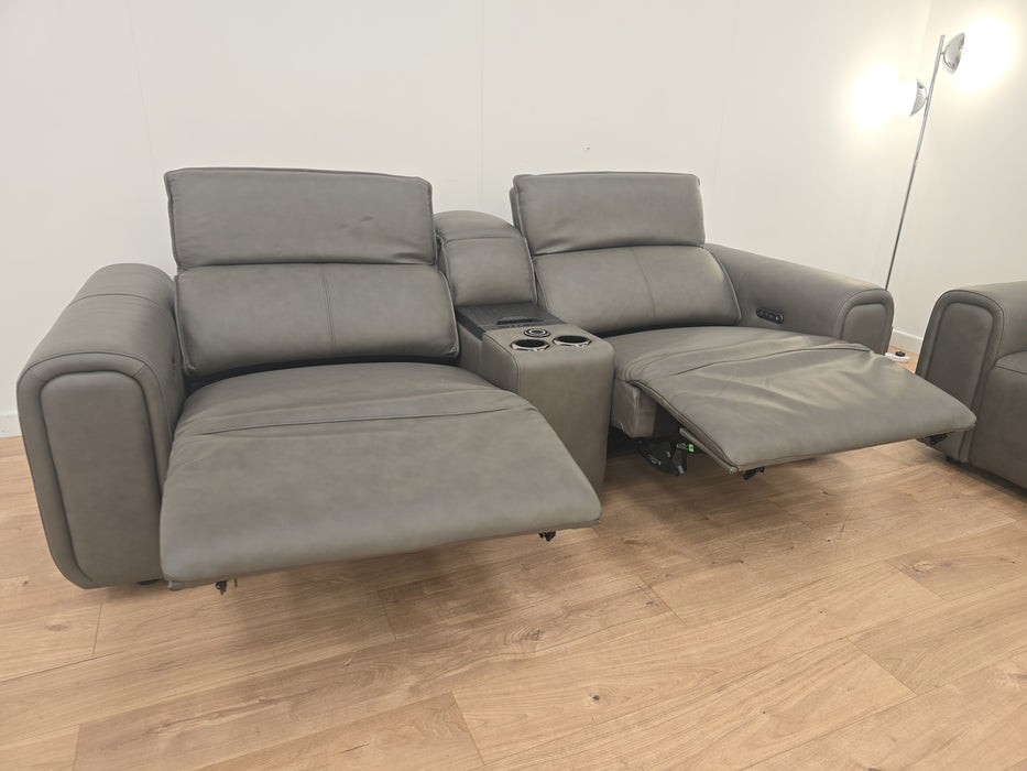 Premiere 2 + 2.5 Seater Sofa Set - Leather Power Recliner & Headrest + Console - Embossed Grey