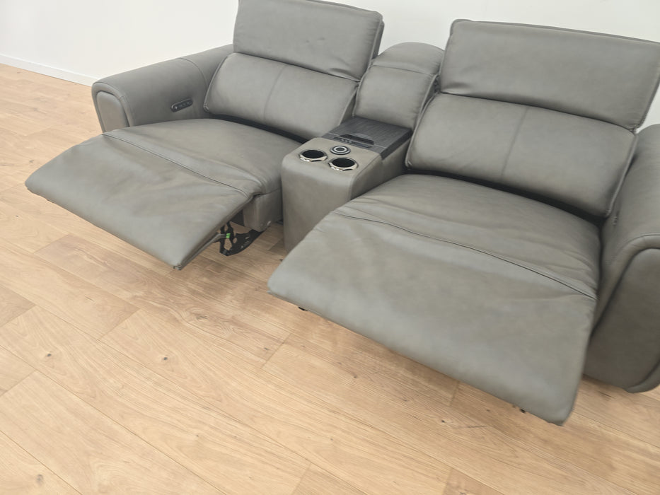 Premiere 2 + 2.5 Seater Sofa Set - Leather Power Recliner & Headrest + Console - Embossed Grey