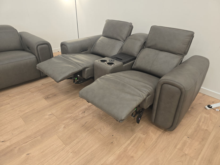 Premiere 2 + 2.5 Seater Sofa Set - Leather Power Recliner & Headrest + Console - Embossed Grey