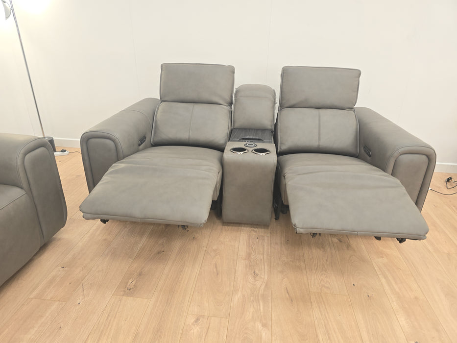 Premiere 2 + 2.5 Seater Sofa Set - Leather Power Recliner & Headrest + Console - Embossed Grey