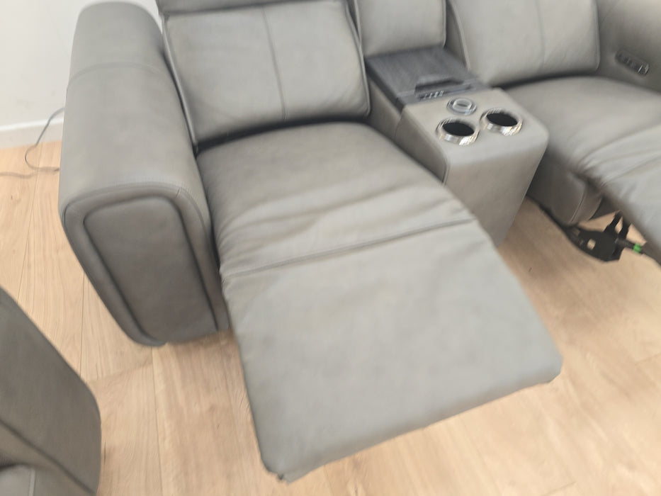 Premiere 2 + 2.5 Seater Sofa Set - Leather Power Recliner & Headrest + Console - Embossed Grey