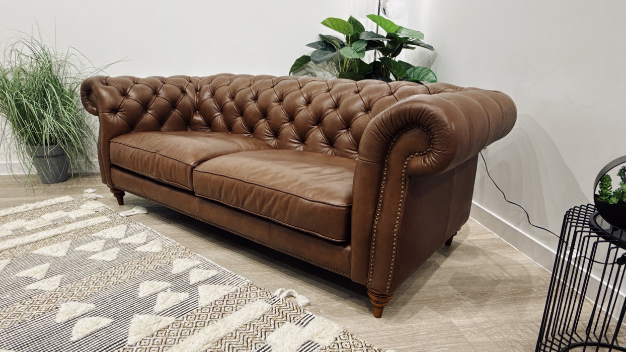 Sofology Darcy Leather 3 Seater with Studs in Trusty Embossed Chestnut
