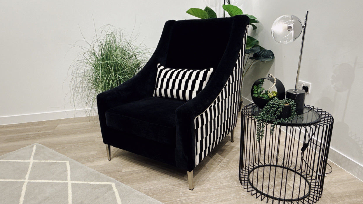 Sofology Atelier Fabric Accent Chair in Soft Chenille Ivory/Broken Stripe Designer Fabric Monochrome