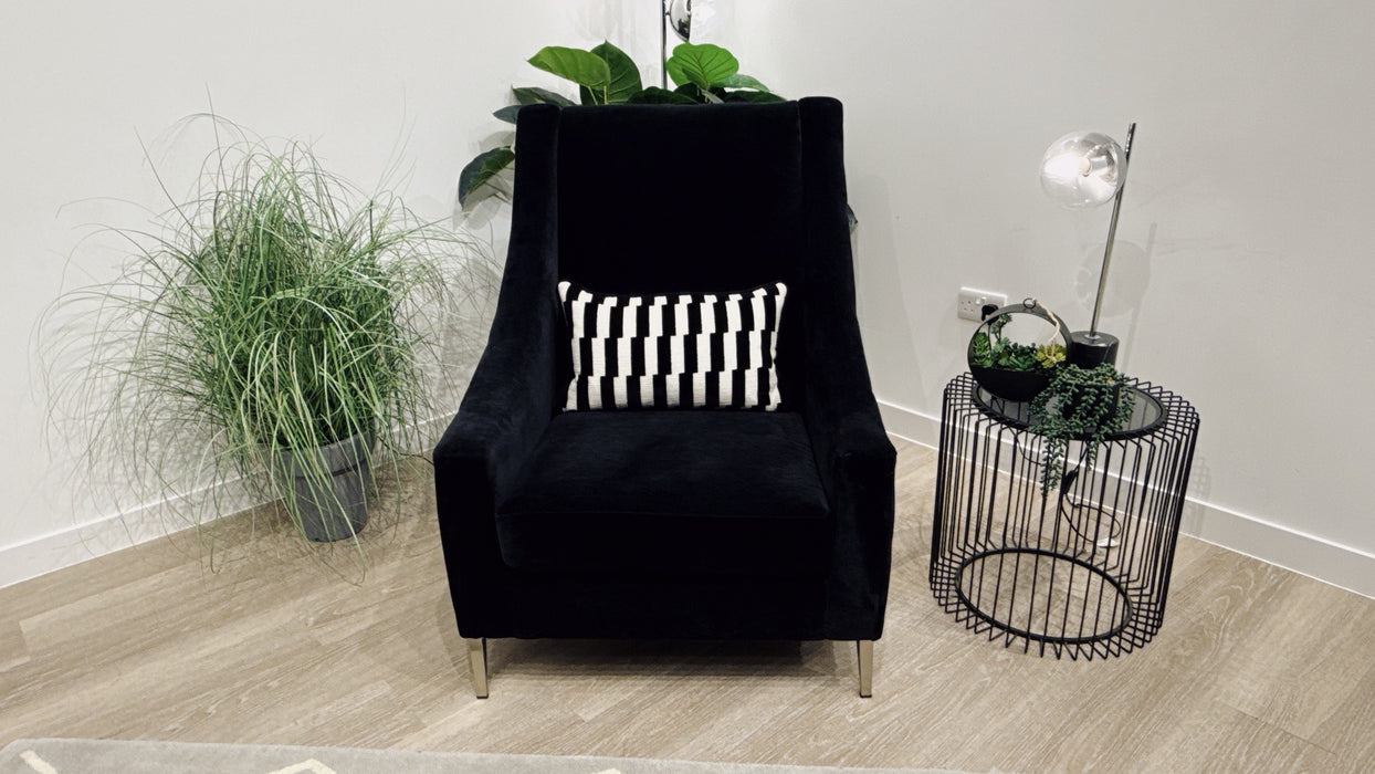 Sofology Atelier Fabric Accent Chair in Soft Chenille Ivory/Broken Stripe Designer Fabric Monochrome