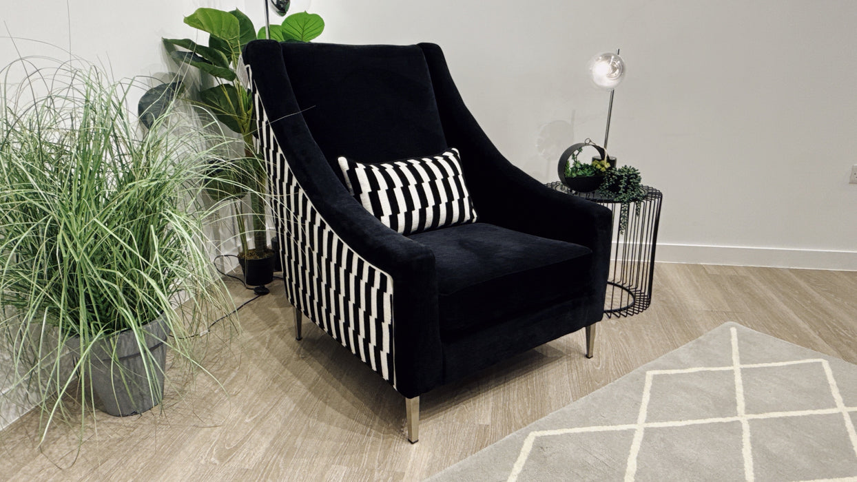 Sofology Atelier Fabric Accent Chair in Soft Chenille Ivory/Broken Stripe Designer Fabric Monochrome