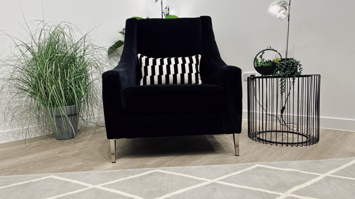 Sofology Atelier Fabric Accent Chair in Soft Chenille Ivory/Broken Stripe Designer Fabric Monochrome