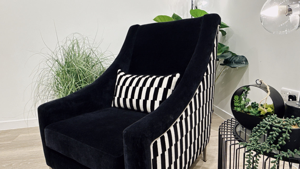 Sofology Atelier Fabric Accent Chair in Soft Chenille Ivory/Broken Stripe Designer Fabric Monochrome