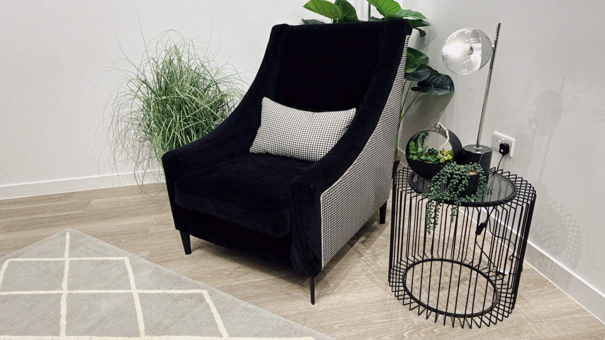 Sofology Atelier Fabric Accent Chair in Soft Chenille Ebony/Houndstooth Designer Monochrome
