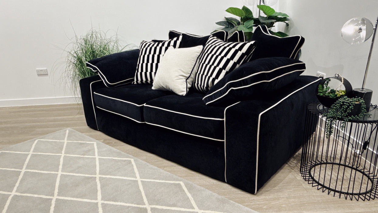 Sofology Atelier 3 Seater Pillow Back in Chenille Ebony Mix With Pearl Contrast Piping
