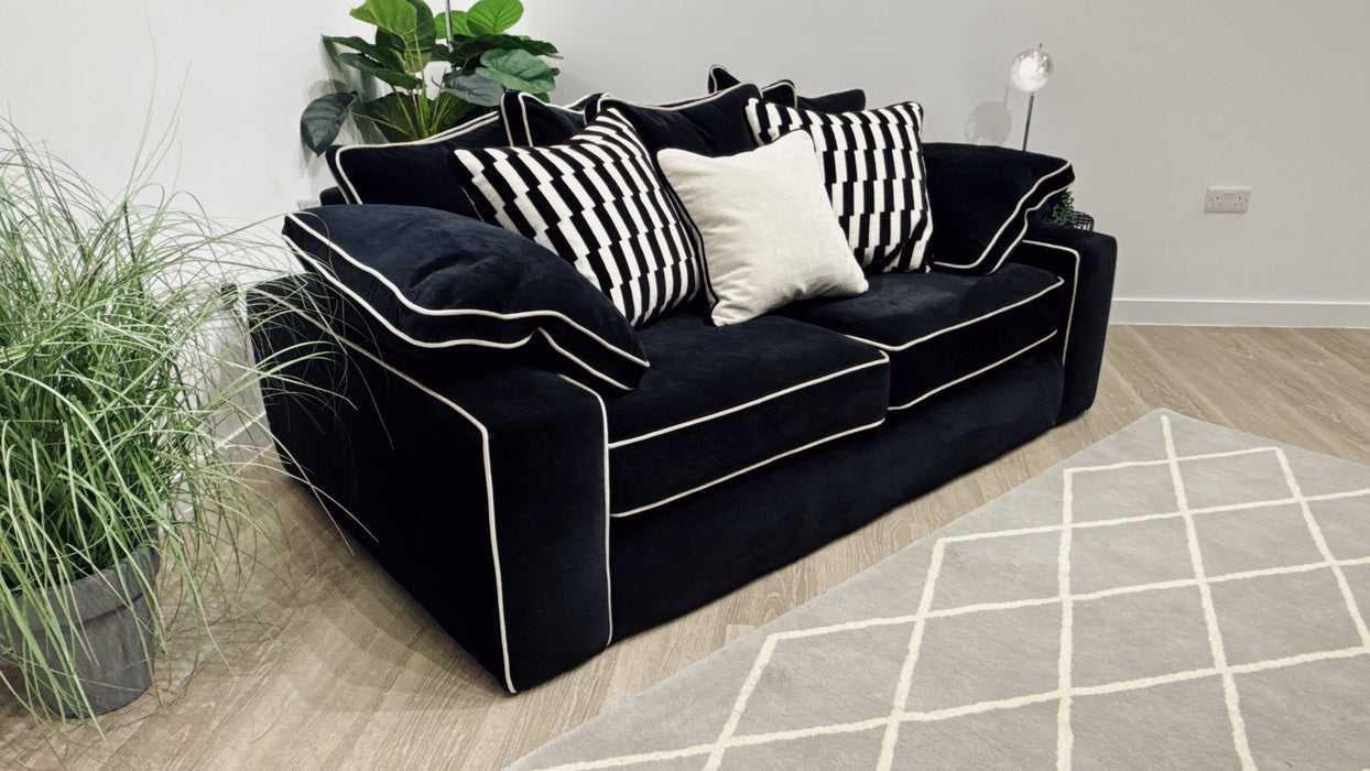 Sofology Atelier 3 Seater Pillow Back in Chenille Ebony Mix With Pearl Contrast Piping