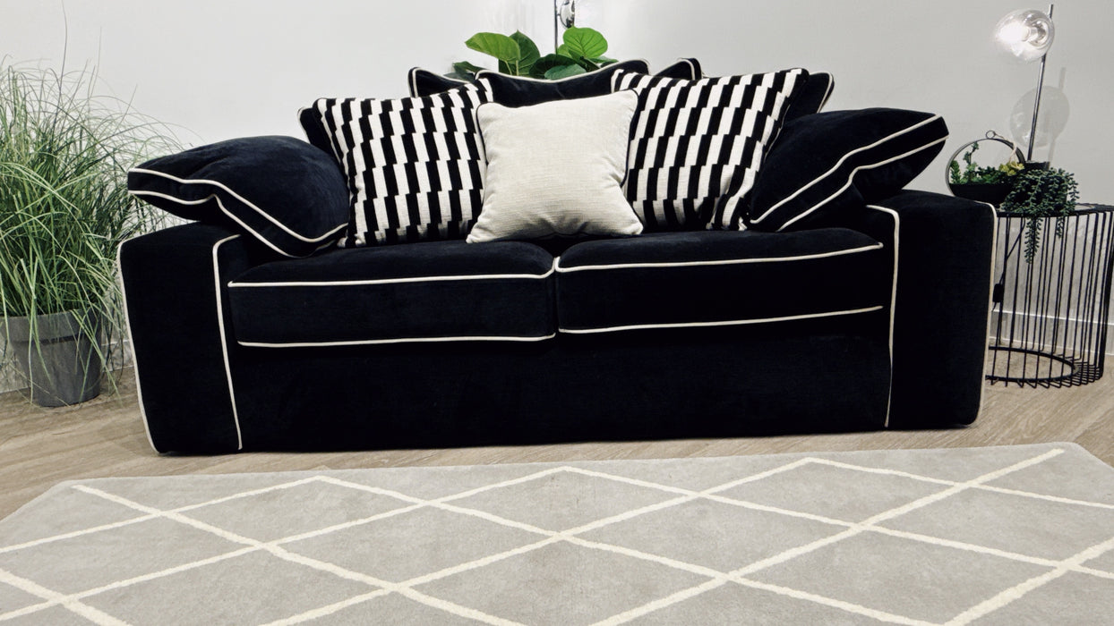 Sofology Atelier 3 Seater Pillow Back in Chenille Ebony Mix With Pearl Contrast Piping