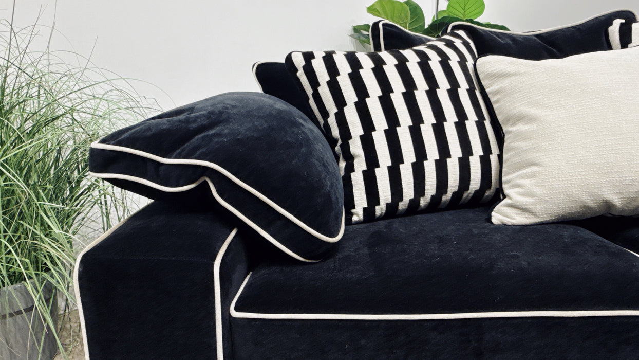 Sofology Atelier 3 Seater Pillow Back in Chenille Ebony Mix With Pearl Contrast Piping