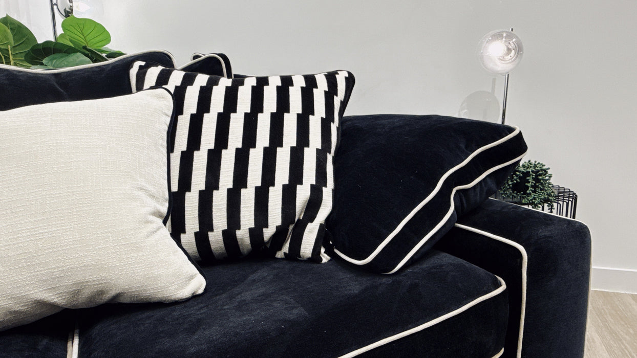Sofology Atelier 3 Seater Pillow Back in Chenille Ebony Mix With Pearl Contrast Piping
