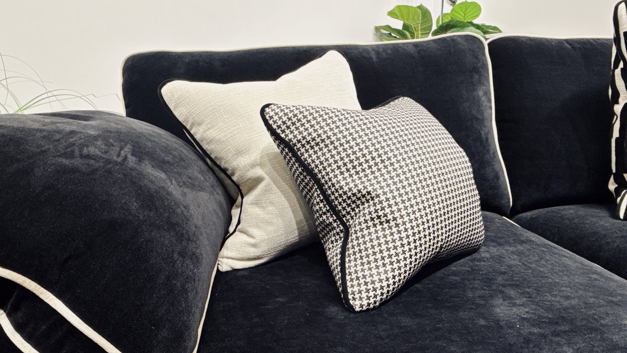 Sofology Atelier 4 Seater Full Back Asymmetrical in soft chenille ebony mix with pearl contrast piping