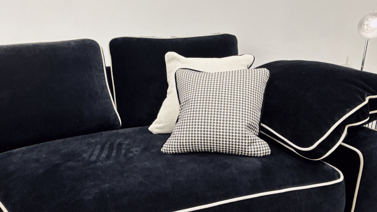 Sofology Atelier 4 Seater Full Back Asymmetrical in soft chenille ebony mix with pearl contrast piping