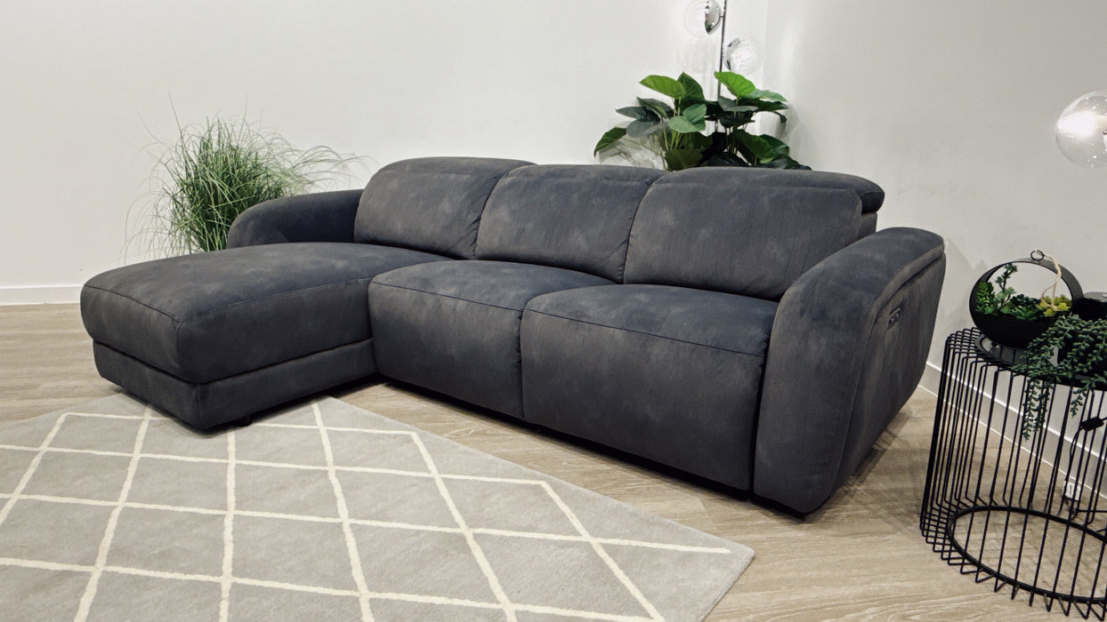 Sofology Drift Fabric 4 Seater Chaise + Power Recliner with Power Headrest in Flecked Charcoal