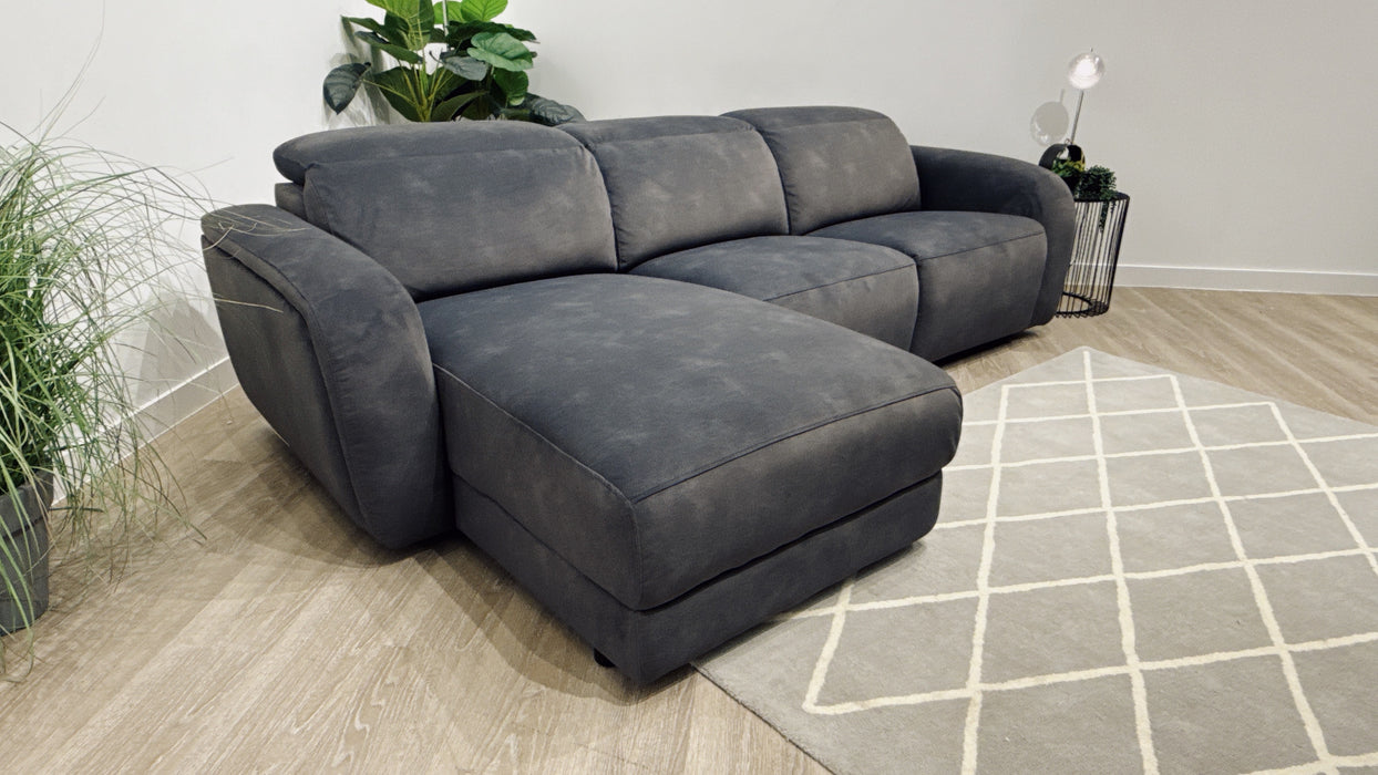 Sofology Drift Fabric 4 Seater Chaise + Power Recliner with Power Headrest in Flecked Charcoal