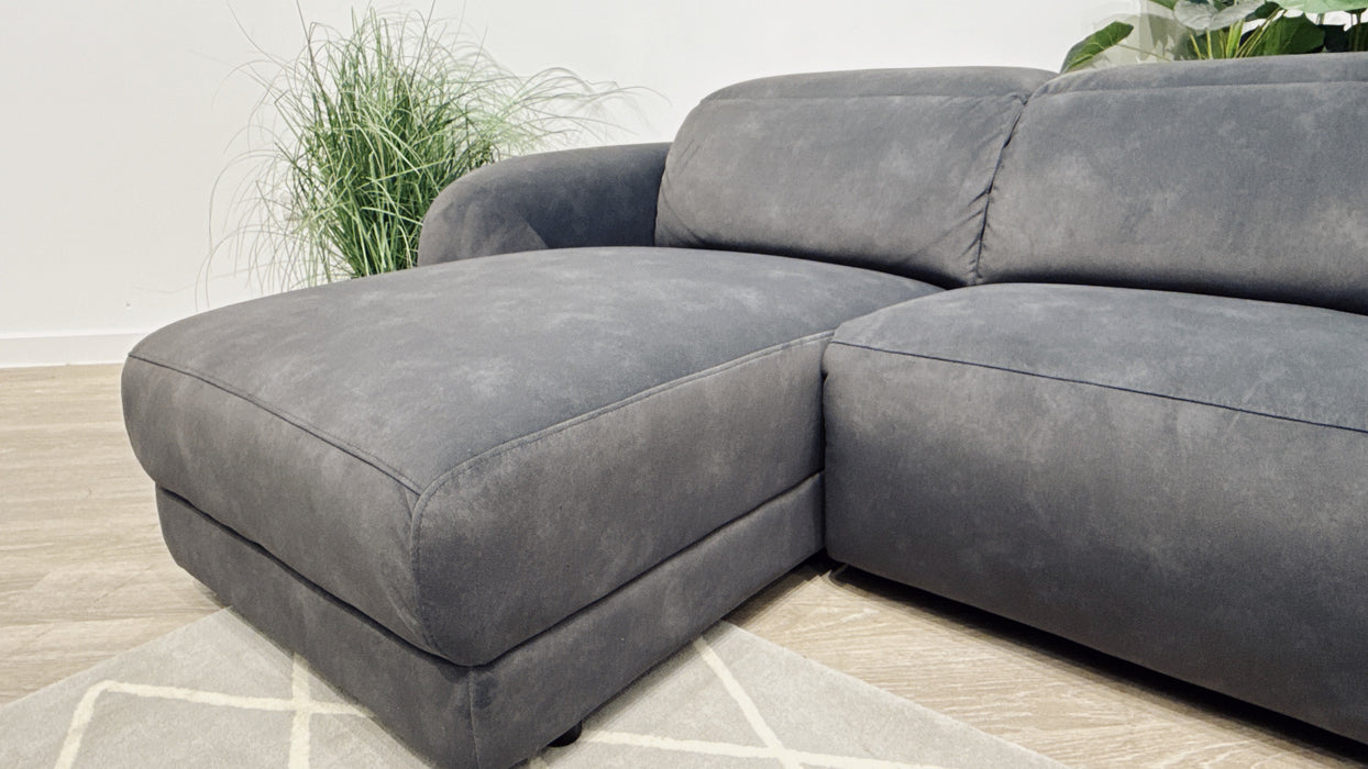 Sofology Drift Fabric 4 Seater Chaise + Power Recliner with Power Headrest in Flecked Charcoal