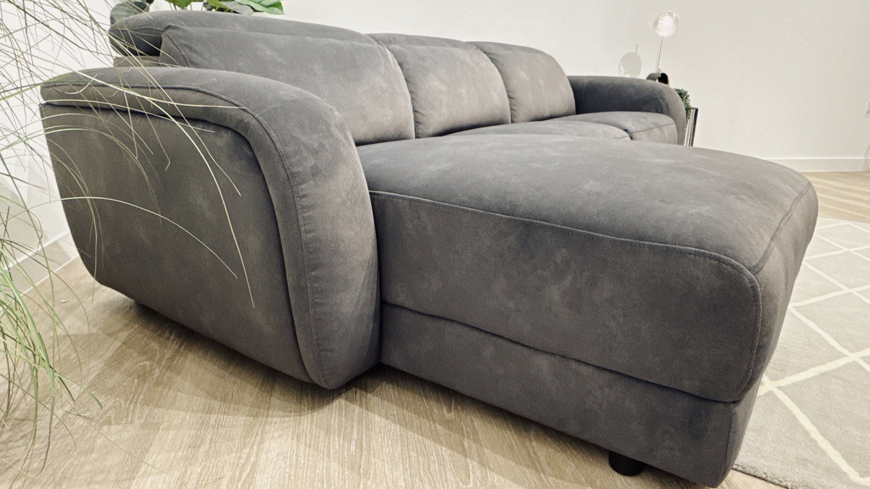 Sofology Drift Fabric 4 Seater Chaise + Power Recliner with Power Headrest in Flecked Charcoal