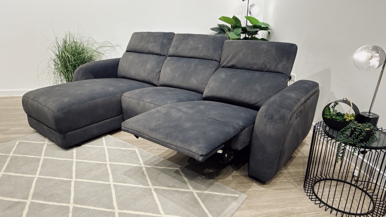 Sofology Drift Fabric 4 Seater Chaise + Power Recliner with Power Headrest in Flecked Charcoal