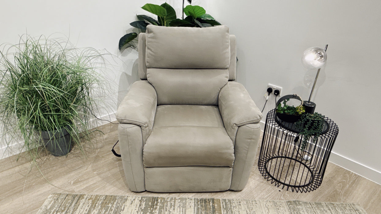 Sofology Ripley Fabric Rise & Tilt Recliner Chair + Heated Seats in Nubuck Feel Light Grey