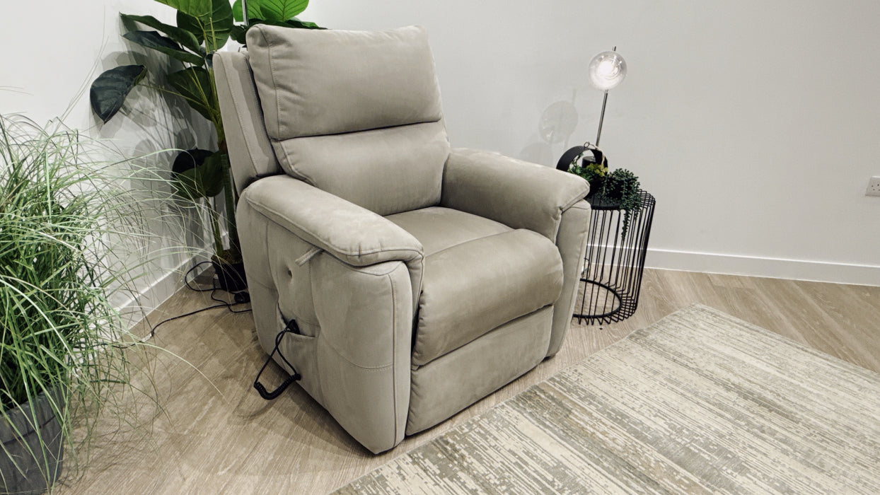 Sofology Ripley Fabric Rise & Tilt Recliner Chair + Heated Seats in Nubuck Feel Light Grey
