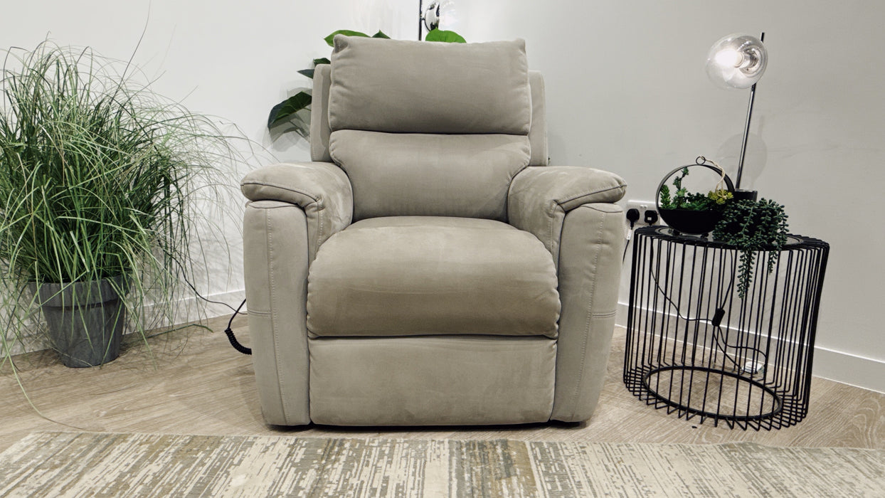 Sofology Ripley Fabric Rise & Tilt Recliner Chair + Heated Seats in Nubuck Feel Light Grey