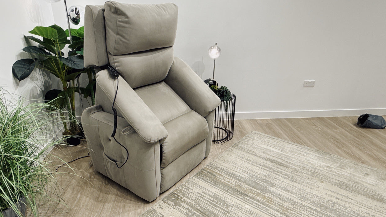 Sofology Ripley Fabric Rise & Tilt Recliner Chair + Heated Seats in Nubuck Feel Light Grey