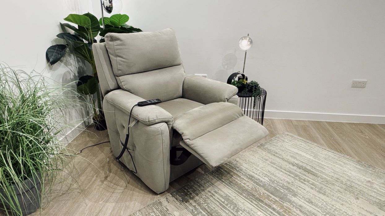 Sofology Ripley Fabric Rise & Tilt Recliner Chair + Heated Seats in Nubuck Feel Light Grey