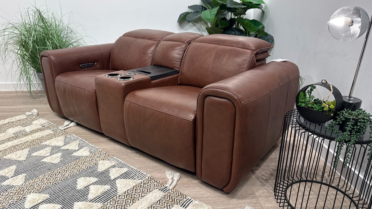 Sofology Premiere Leather 2 Seater Smart Console Power Recliner/Headrest Heated Seat in Trusty Embossed Chestnut