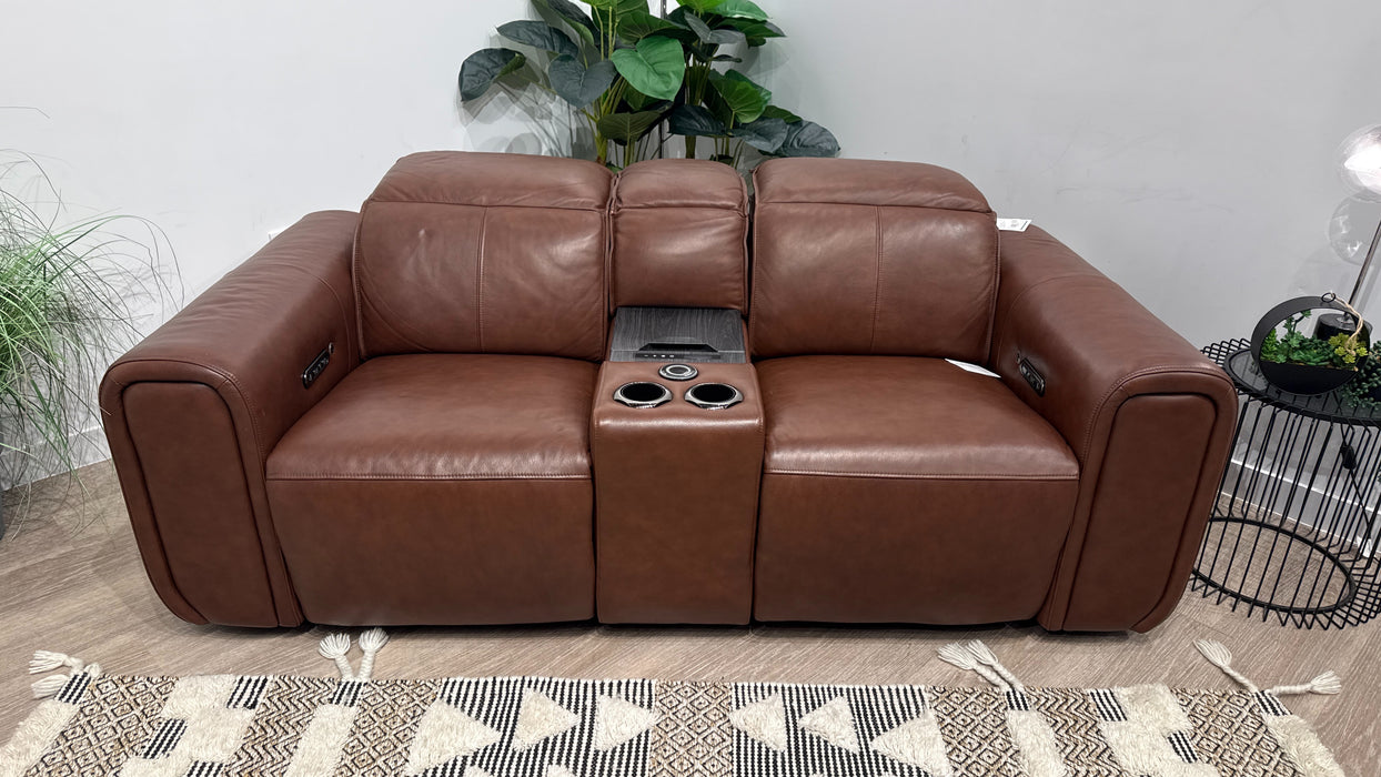 Sofology Premiere Leather 2 Seater Smart Console Power Recliner/Headrest Heated Seat in Trusty Embossed Chestnut