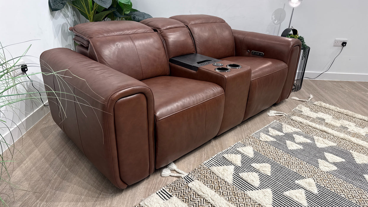 Sofology Premiere Leather 2 Seater Smart Console Power Recliner/Headrest Heated Seat in Trusty Embossed Chestnut