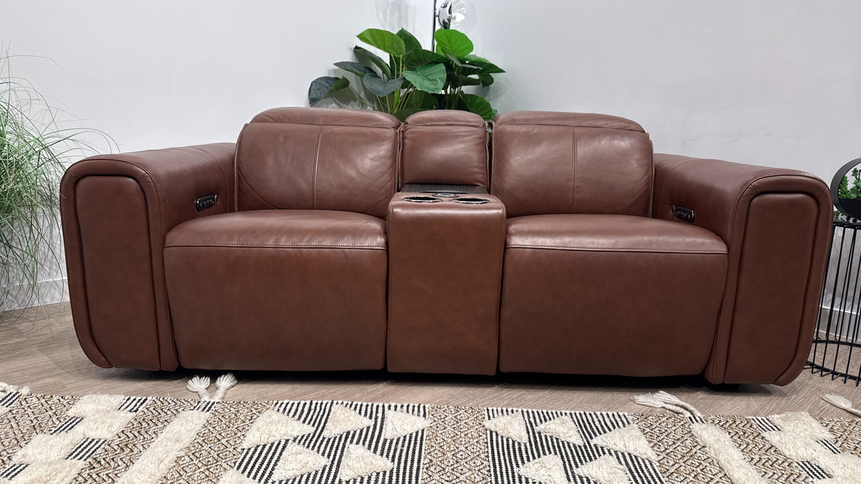 Sofology Premiere Leather 2 Seater Smart Console Power Recliner/Headrest Heated Seat in Trusty Embossed Chestnut