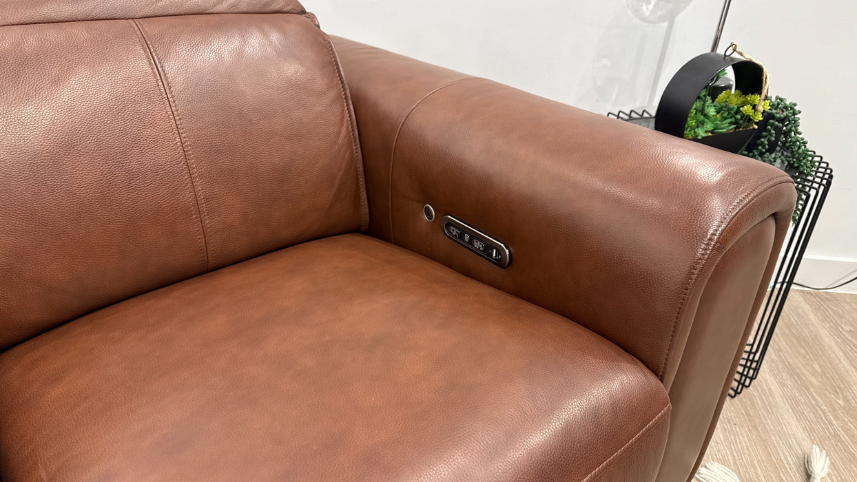 Sofology Premiere Leather 2 Seater Smart Console Power Recliner/Headrest Heated Seat in Trusty Embossed Chestnut