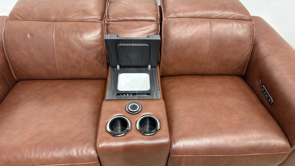 Sofology Premiere Leather 2 Seater Smart Console Power Recliner/Headrest Heated Seat in Trusty Embossed Chestnut