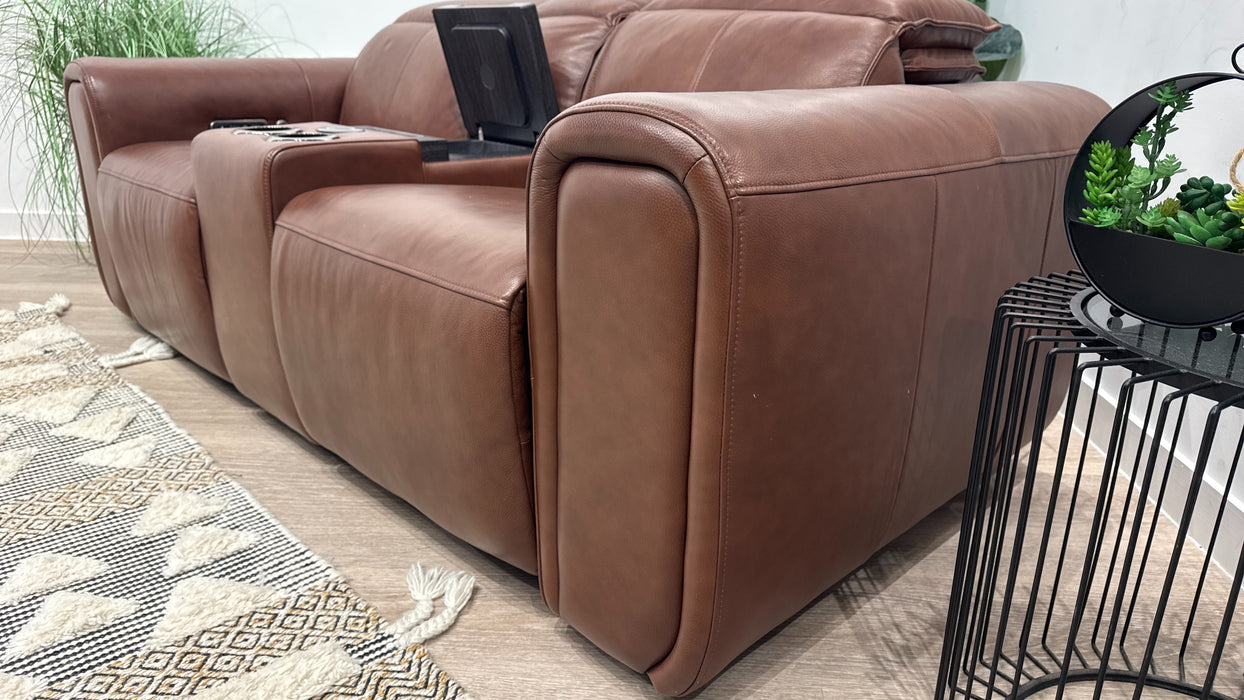 Sofology Premiere Leather 2 Seater Smart Console Power Recliner/Headrest Heated Seat in Trusty Embossed Chestnut
