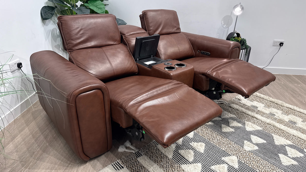 Sofology Premiere Leather 2 Seater Smart Console Power Recliner/Headrest Heated Seat in Trusty Embossed Chestnut